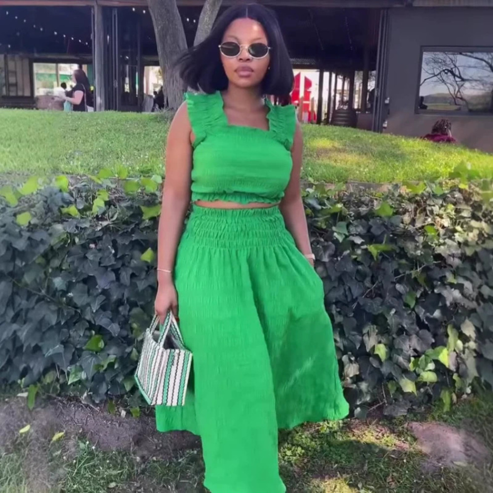 ZARA Elegant Solid Smocked Tube Top African High Waist Pleated Skirt Set
